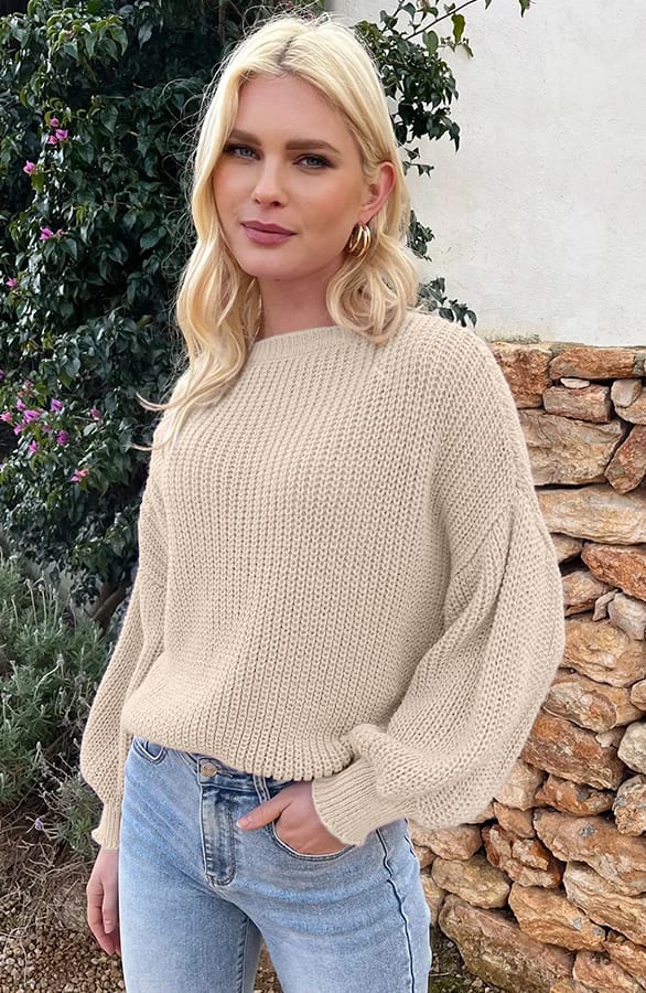 Gehaakte Pofmouwen Trui Emilia Beige – shoparchief — foto 5