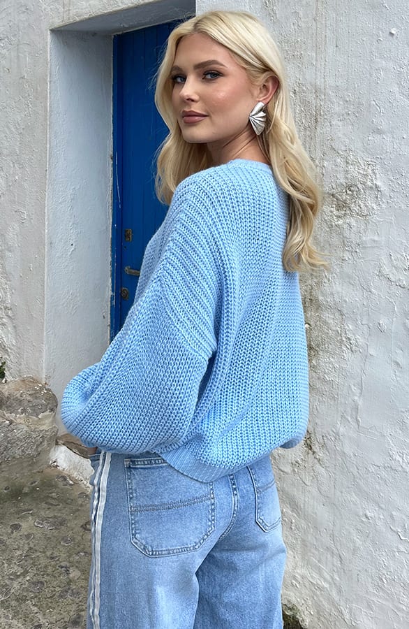 Gehaakte Pofmouwen Trui Emilia Jeans Blue – shoparchief — foto 2