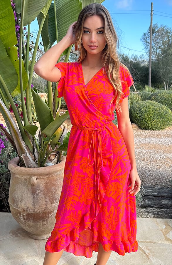 Midi Jurk Flower Jenny Fuchsia Orange