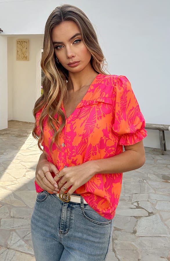 Pofmouwen Top Met Ruffle Demi Print Fuschia Oranje – shirts & tops — foto 6