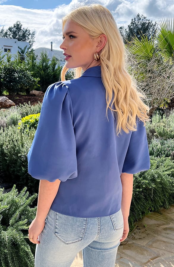 Pofmouwen Wrap Blazer Short Sleeve Zaya Blue Jeans – shoparchief — foto 3