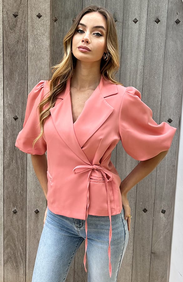 Pofmouwen Wrap Blazer Short Sleeve Zaya Koraal – shoparchief — foto 6