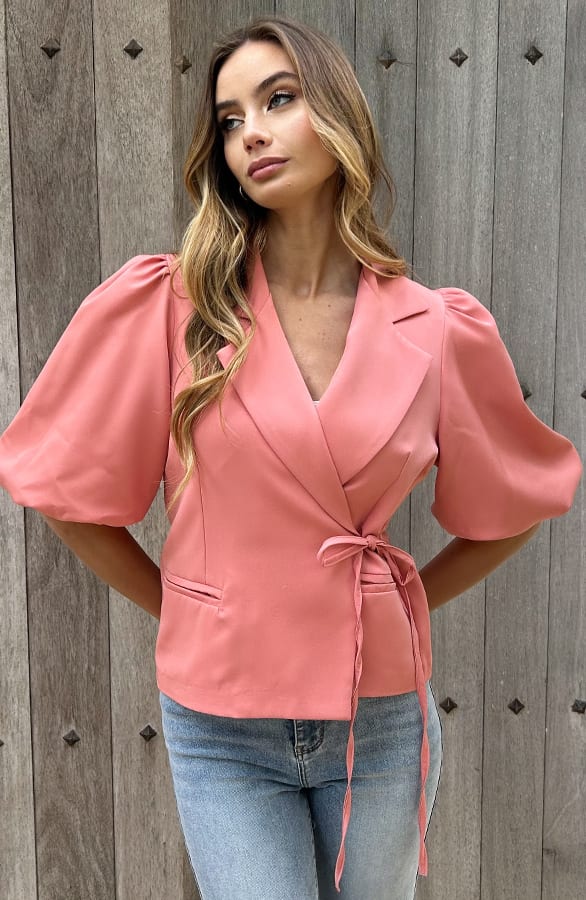 Pofmouwen Wrap Blazer Short Sleeve Zaya Koraal – shoparchief — foto 3