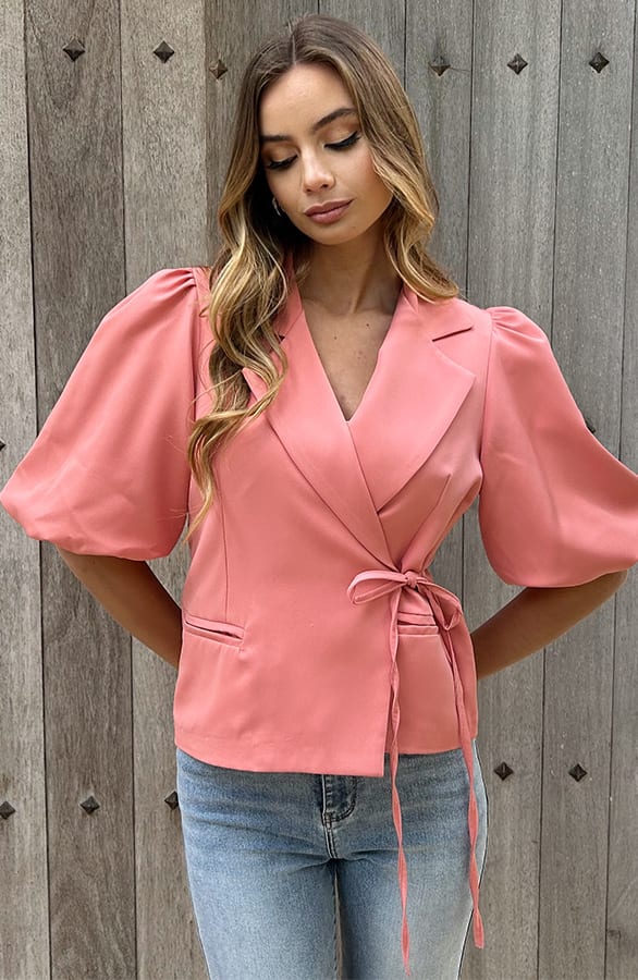 Pofmouwen Wrap Blazer Short Sleeve Zaya Koraal – shoparchief — foto 5