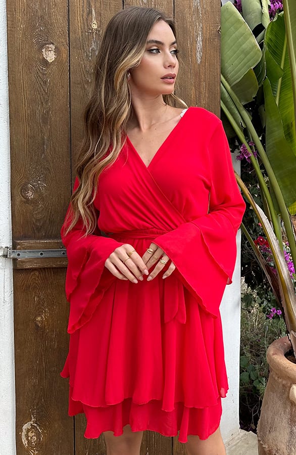 V-Hals Ruffle Jurk Dewy Rood – alle jurkjes — foto 6