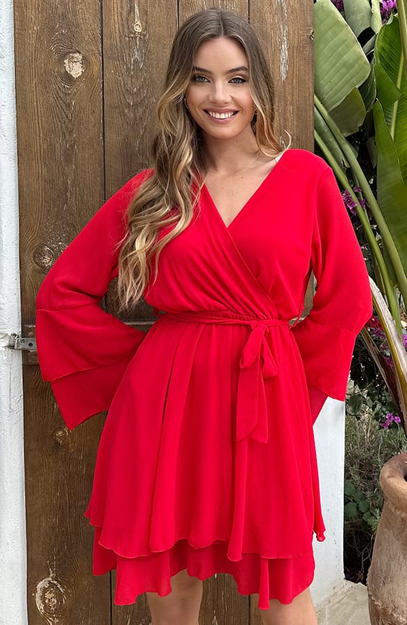 V-Hals Ruffle Jurk Dewy Rood – alle jurkjes — foto 4