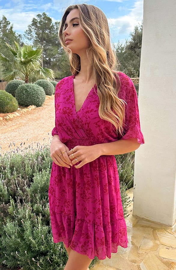 V-hals Print Dress Marrit Floral Fuchsia – alle jurkjes — foto 5