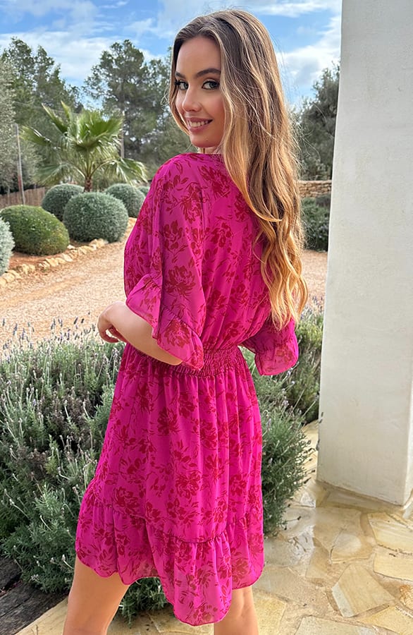 V-hals Print Dress Marrit Floral Fuchsia – alle jurkjes — foto 2