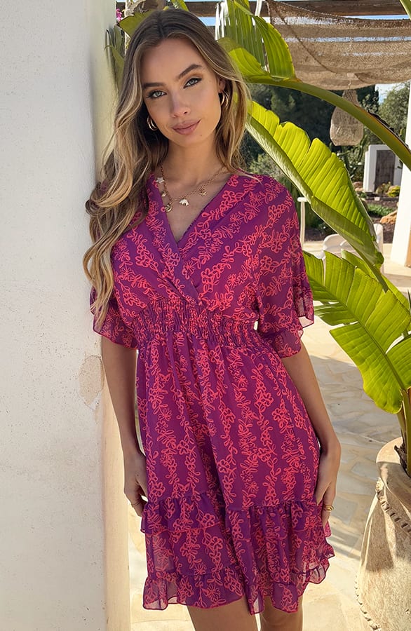 V-hals Print Dress Marrit Roze – alle jurkjes