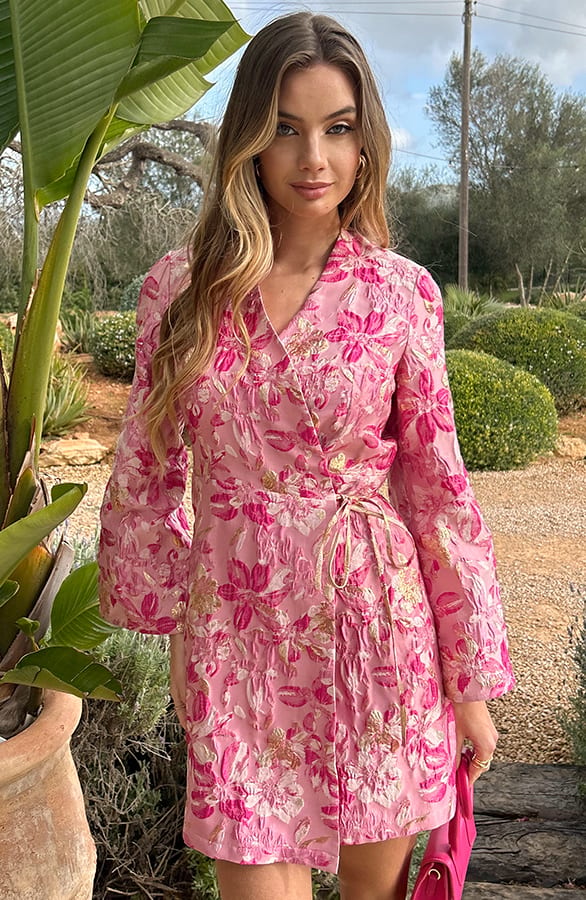 Wijde Mouw Jacquard Jurk Merel Fuchsia