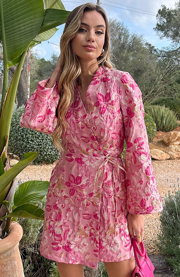 Wijde Mouw Jacquard Jurk Merel Fuchsia – alle jurkjes — foto 4