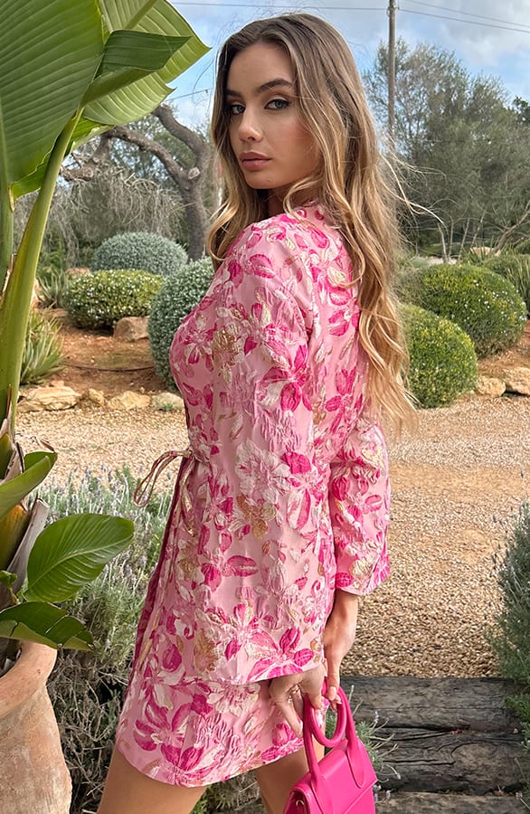Wijde Mouw Jacquard Jurk Merel Fuchsia – alle jurkjes — foto 2