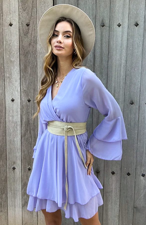 V-Hals Ruffle Jurk Dewy Lila – shoparchief