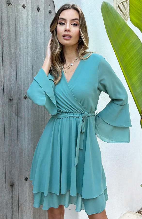 V-Hals Ruffle Jurk Dewy Mint – shoparchief