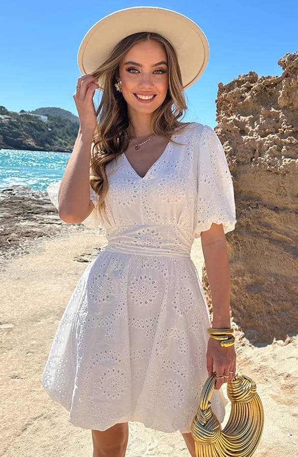 Pofmouw Jurk Met Broderie Details Off White