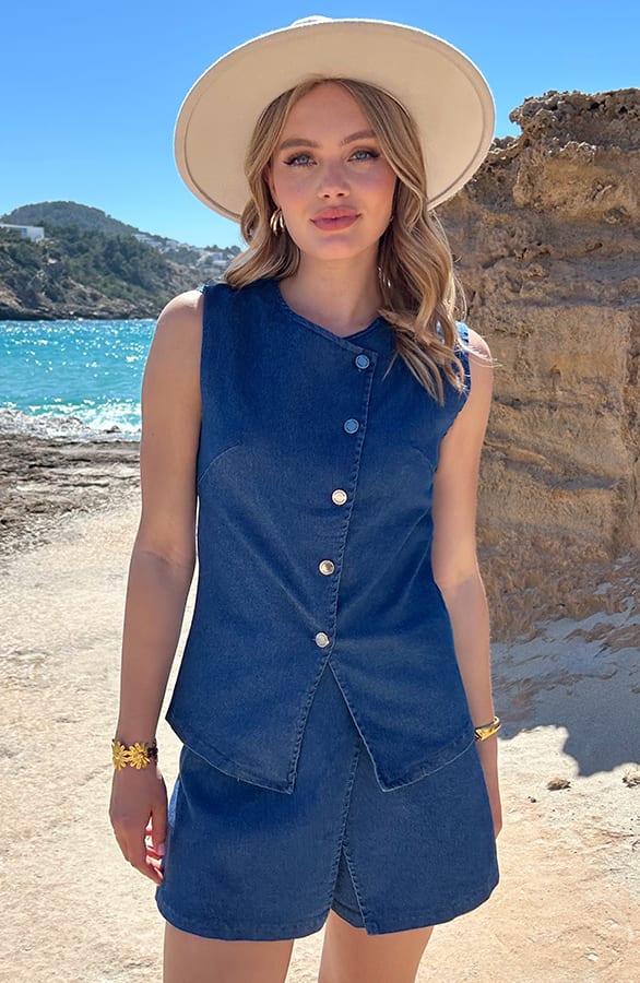 Button Denim Gilet Blauw – shoparchief