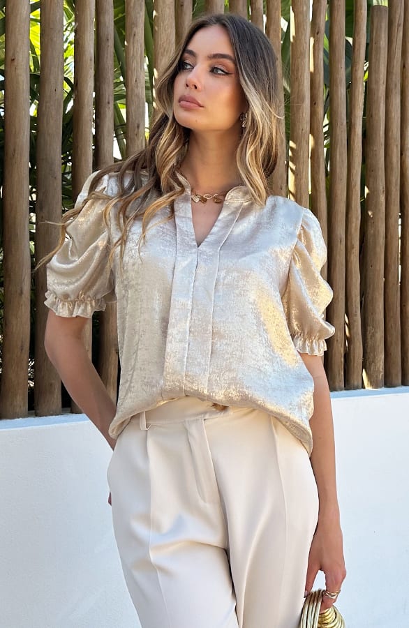 Elegant Pofmouw Top Metallic Gold