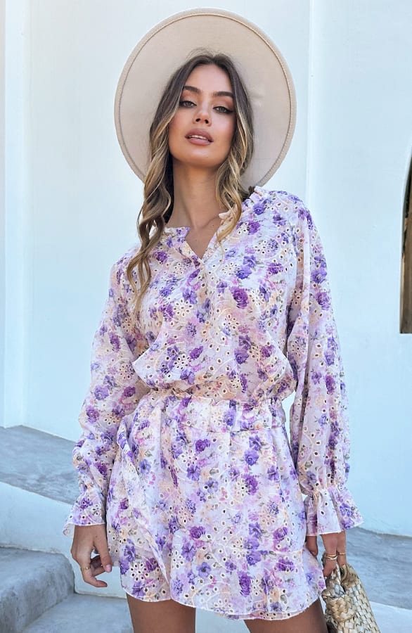 Floral Broderie Blouse Met Ruches Lila – kleding — foto 2