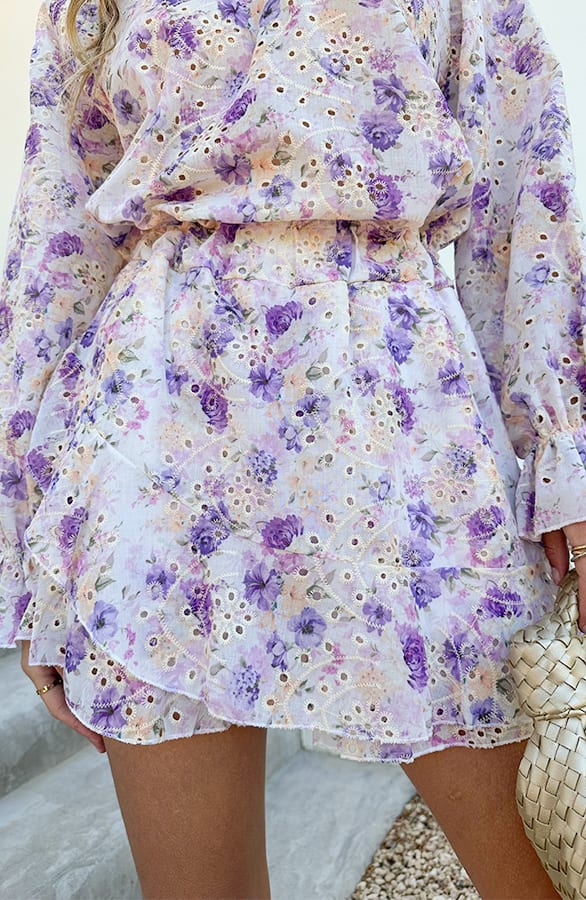 Floral Broderie Skirt Met Ruches Lila