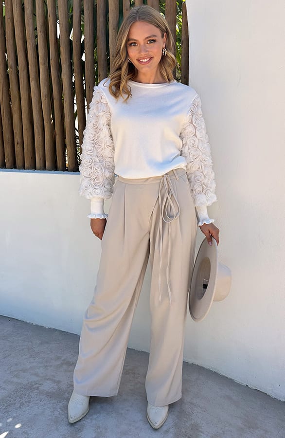 High Waist Strik Pantalon Beige