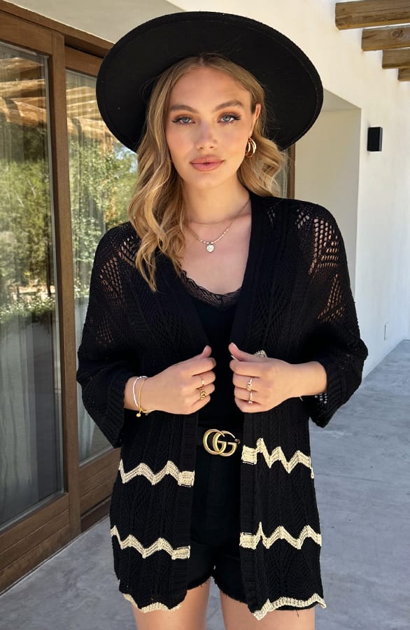 Knitted Zigzag Cardigan Lurex Zwart Goud – shoparchief — foto 6