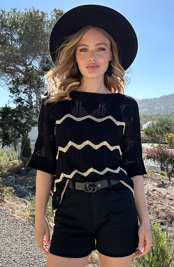 Knitted Zigzag Top Lurex Zwart Goud – shirts & tops