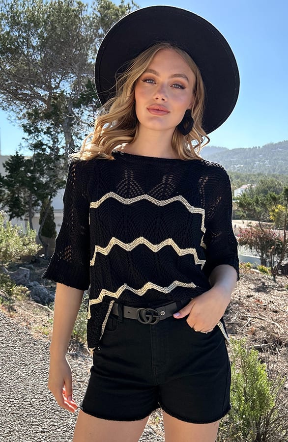 Knitted Zigzag Top Lurex Zwart Goud – shirts & tops — foto 7