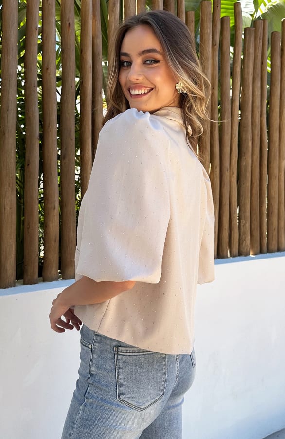 Korte Diamond Pofmouwen Blazer Beige – blazers — foto 2