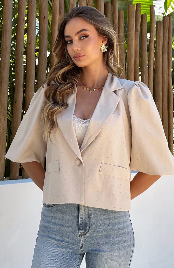 Korte Diamond Pofmouwen Blazer Beige – blazers — foto 3