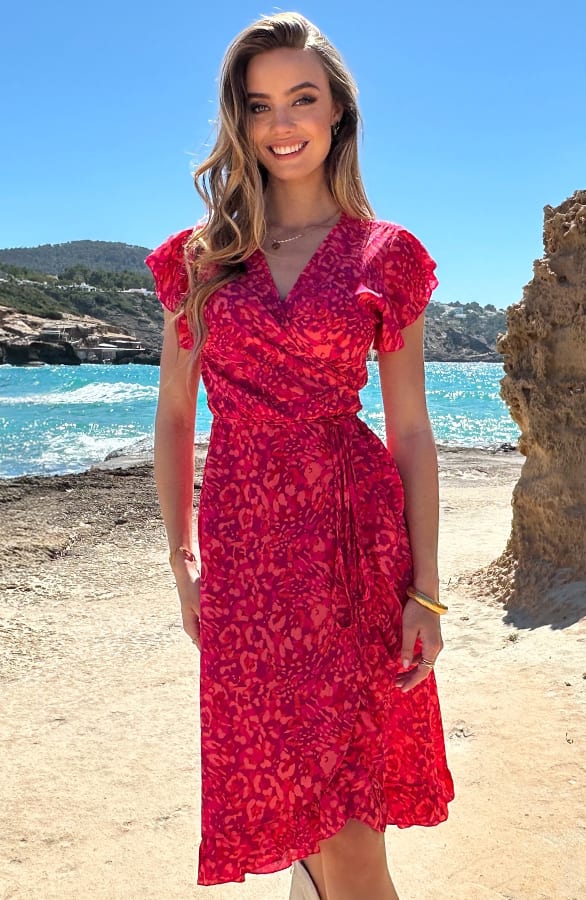 Midi Jurk Print Jenny Fuchsia Koraal – alle jurkjes