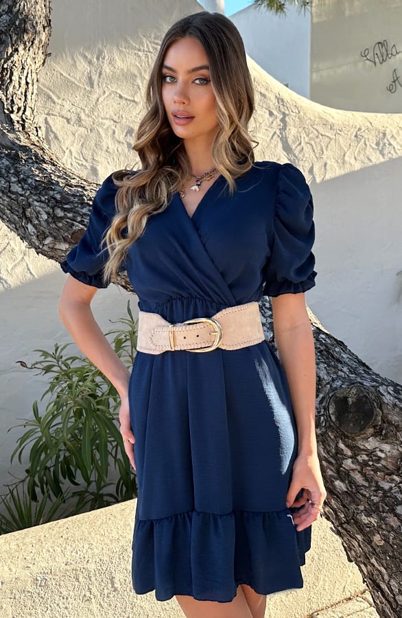 Pofmouwen V-Hals Jurk Romy Blauw – shoparchief