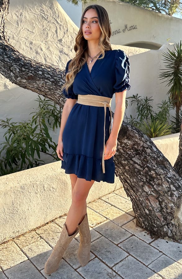 Pofmouwen V-Hals Jurk Romy Blauw – shoparchief — foto 4