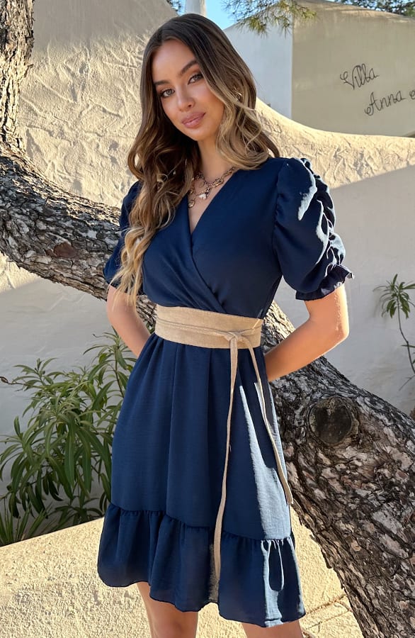 Pofmouwen V-Hals Jurk Romy Blauw – shoparchief — foto 2