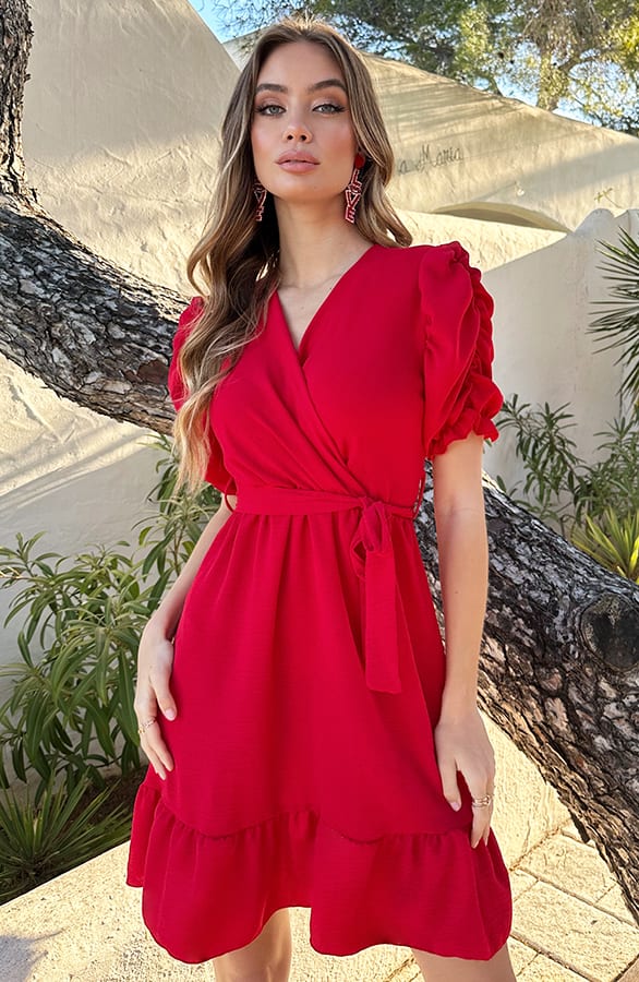 Pofmouwen V-Hals Jurk Romy Rood – shoparchief — foto 5