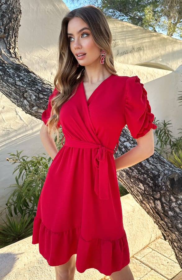 Pofmouwen V-Hals Jurk Romy Rood – shoparchief