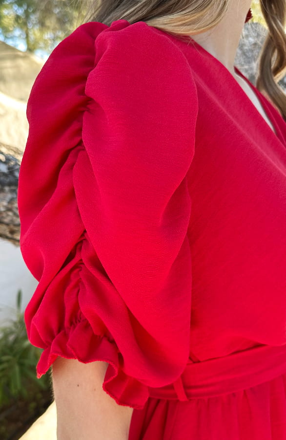 Pofmouwen V-Hals Jurk Romy Rood – shoparchief — foto 9