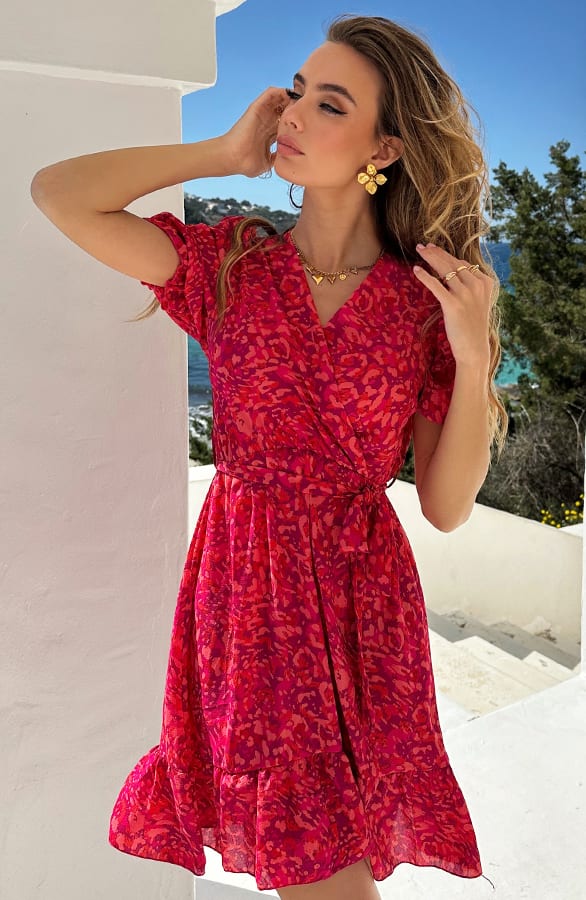 Print V-hals Jurk Sienna Fuchsia Koraal – alle jurkjes — foto 6