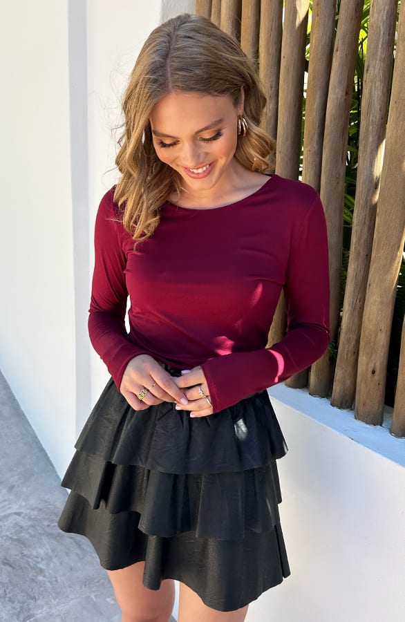 Round Neck Long Sleeve Top Yulia Burgundy – shoparchief — foto 3