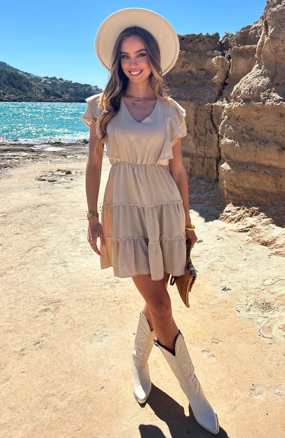Ruches V-Hals Jurk Lexi Beige – alle jurkjes — foto 4