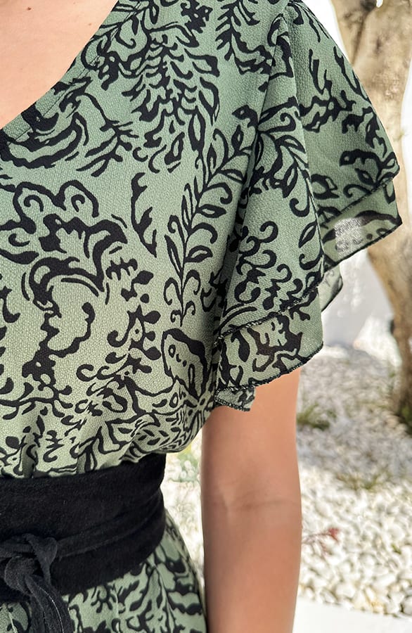 Ruffle Jurk V-Hals Vivy Print Army – shoparchief — foto 4