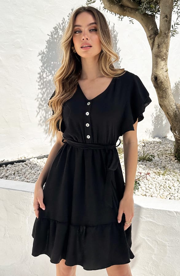 Ruffle Jurk V-Hals Vivy Zwart