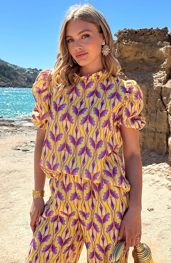 Ruffle Pofmouwen Top Print Geel – shoparchief — foto 3