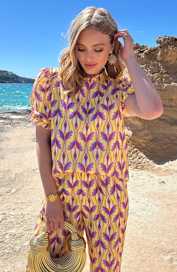 Ruffle Pofmouwen Top Print Geel – shoparchief — foto 11