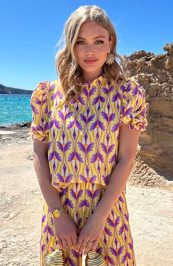 Ruffle Pofmouwen Top Print Geel – shoparchief