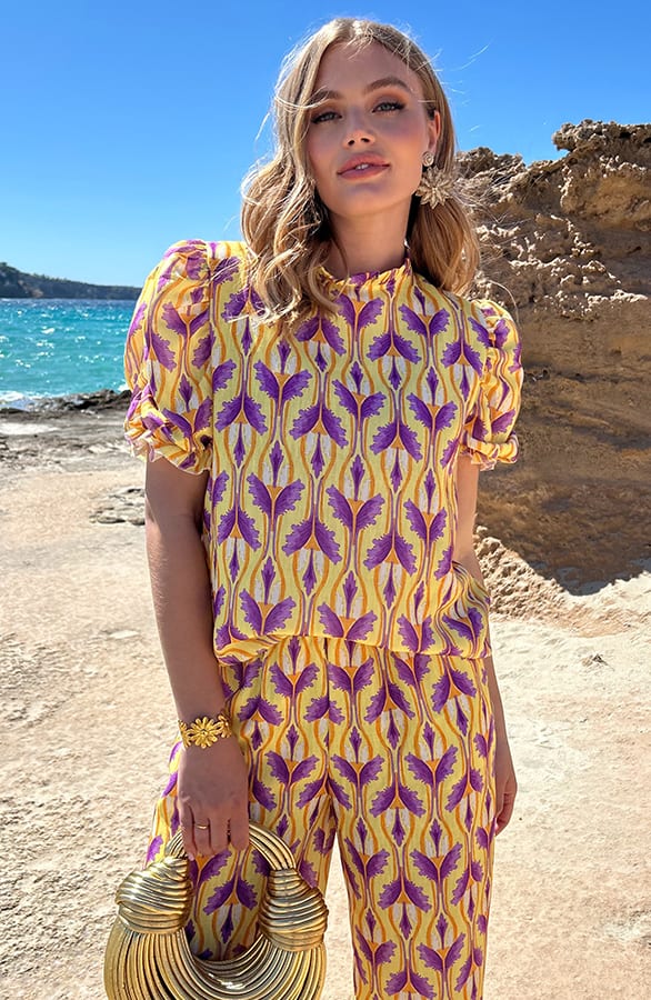 Ruffle Pofmouwen Top Print Geel – shoparchief — foto 2