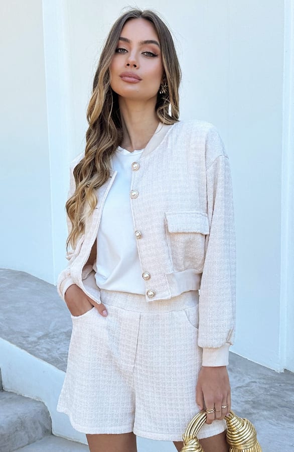 Tweed Short Geruit Skylar Beige – shorts — foto 6
