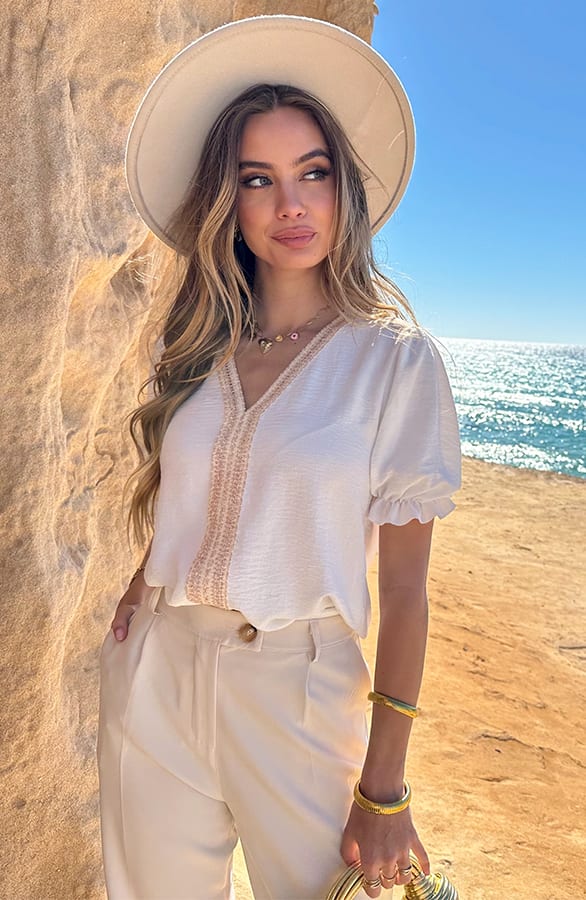 V-Hals Detail Boho Top Mara Ecru