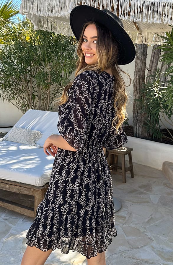 V-hals Flower Print Dress Marrit Zwart – alle jurkjes — foto 3