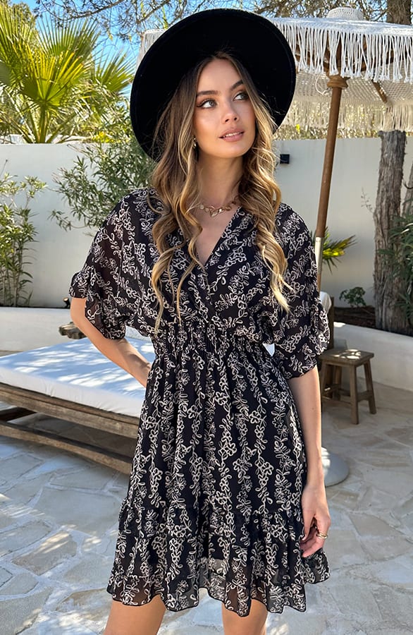 V-hals Flower Print Dress Marrit Zwart – alle jurkjes — foto 6