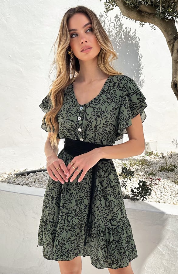 Ruffle Jurk V-Hals Vivy Print Army – shoparchief — foto 3